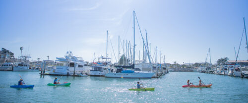 Kayakers paddling past docked boats in Channel Islands Harbor, Oxnard