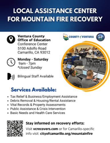 Flyer for a local assistance center in Camarillo, CA, offering support for mountain fire recovery, including various services and bilingual staff.