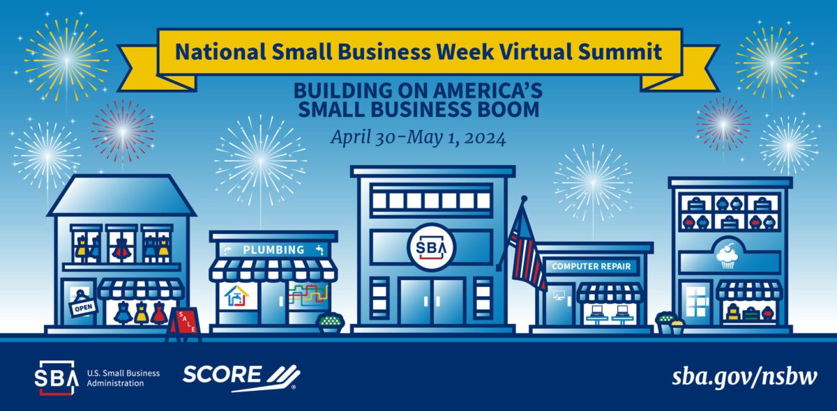 NSBW-Virtual-Summit Illustration of a main street with small businesses, fireworks, and a banner for the National Small Business Week Virtual Summit, April 30–May 1, 2024.